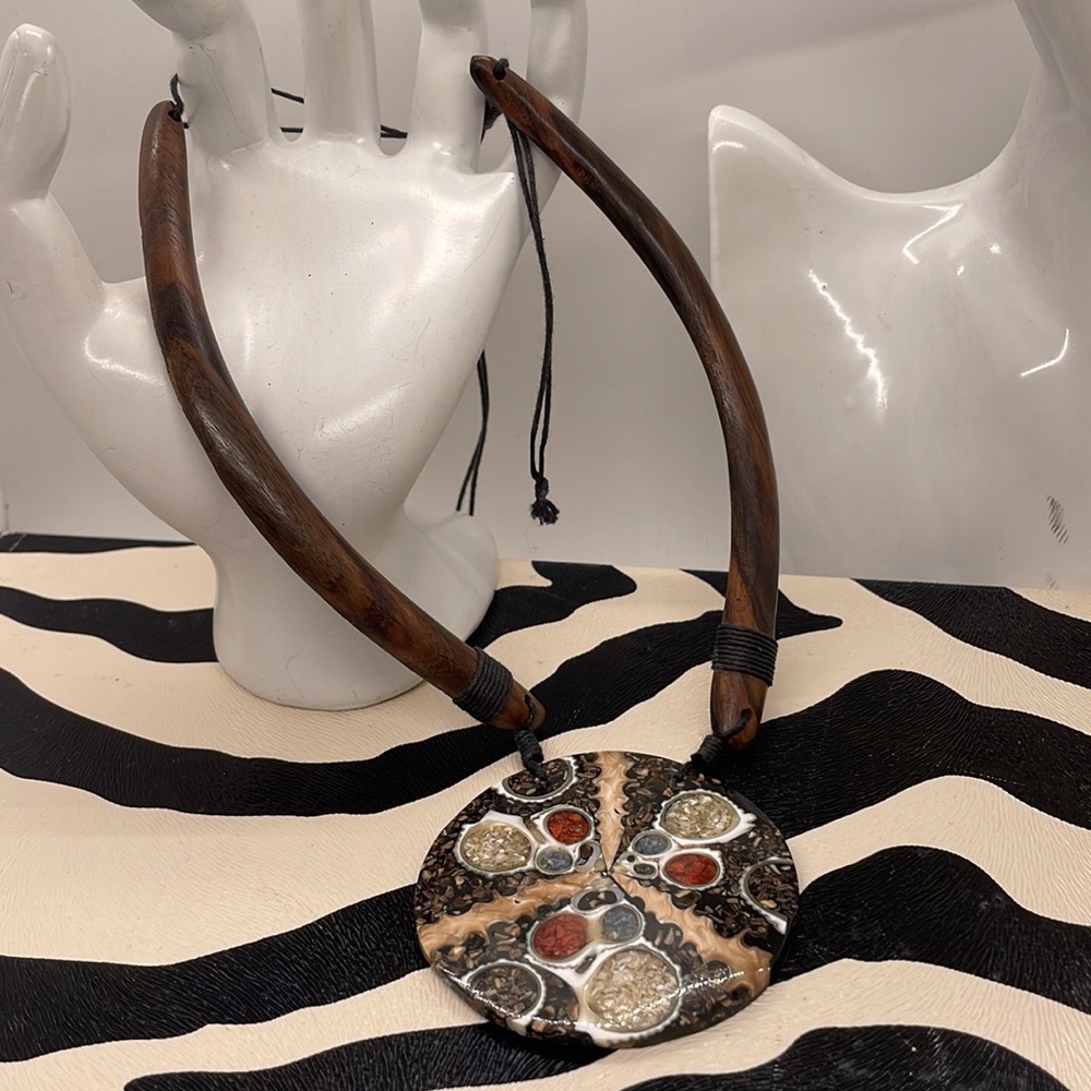 Tribal Shell & Wood Statement Collar Necklace